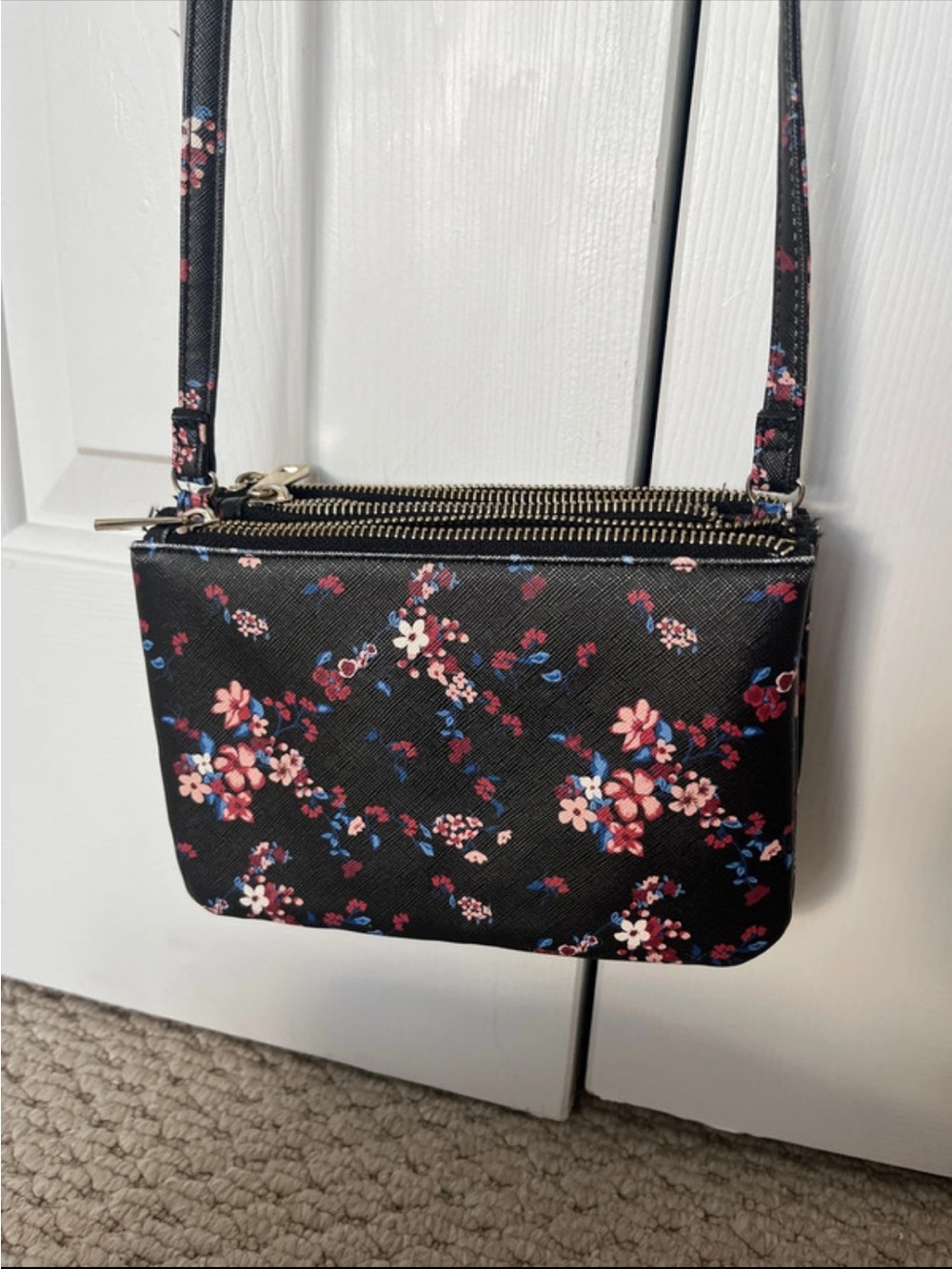 Floral Crossbody Bag in Black with Pink Blossom Print